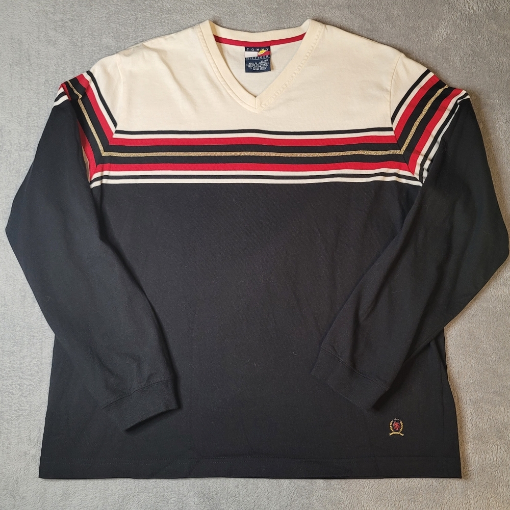 Vintage 90s Tommy Hilfiger Crest Logo Long Sleeve V-Neck. Men's Shirt - Size XL